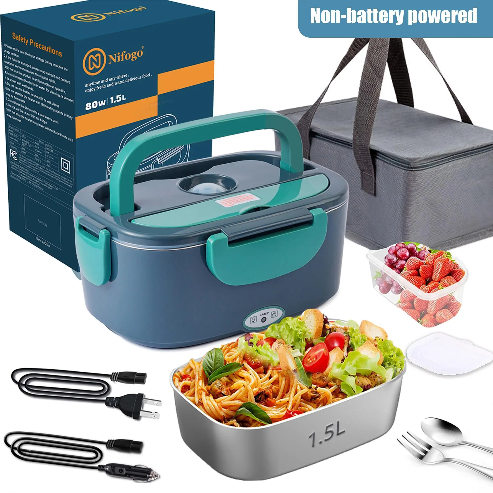 Nifogo Plug In Electric Lunch Box For Car And Home Use Stainless Steel Liner No Water Needed With Utensils Office Meal Heater