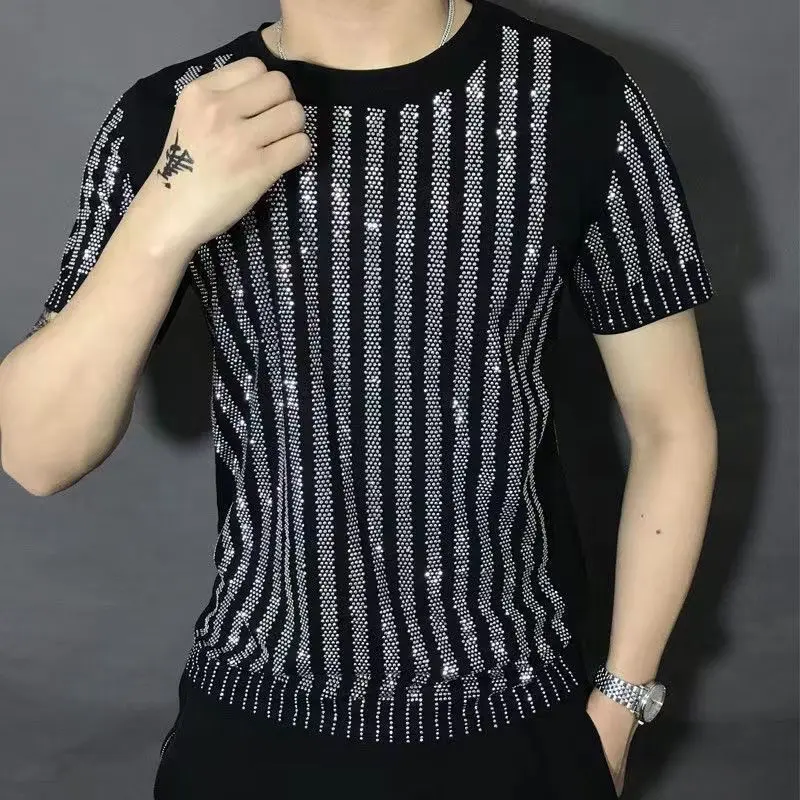 Men's Striped Rhinestone Slim-Fit Round-Neck Short-Sleeve Shirt, New High-Quality White European-American Style Trendy Top