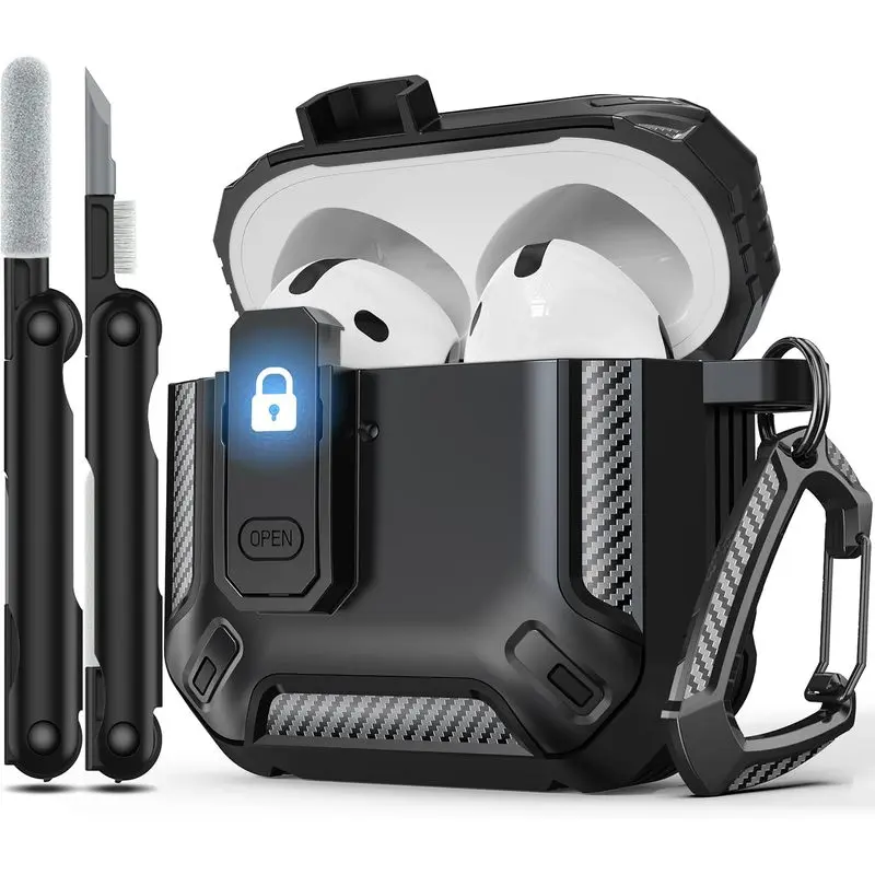 Protective Case for AirPods 5th Gen 2026 & AirPods 4th Gen 2024, Secure Lock Design, Black Cyber Mecha Armor Case, Comes with Earbuds Cleaning Tool Set