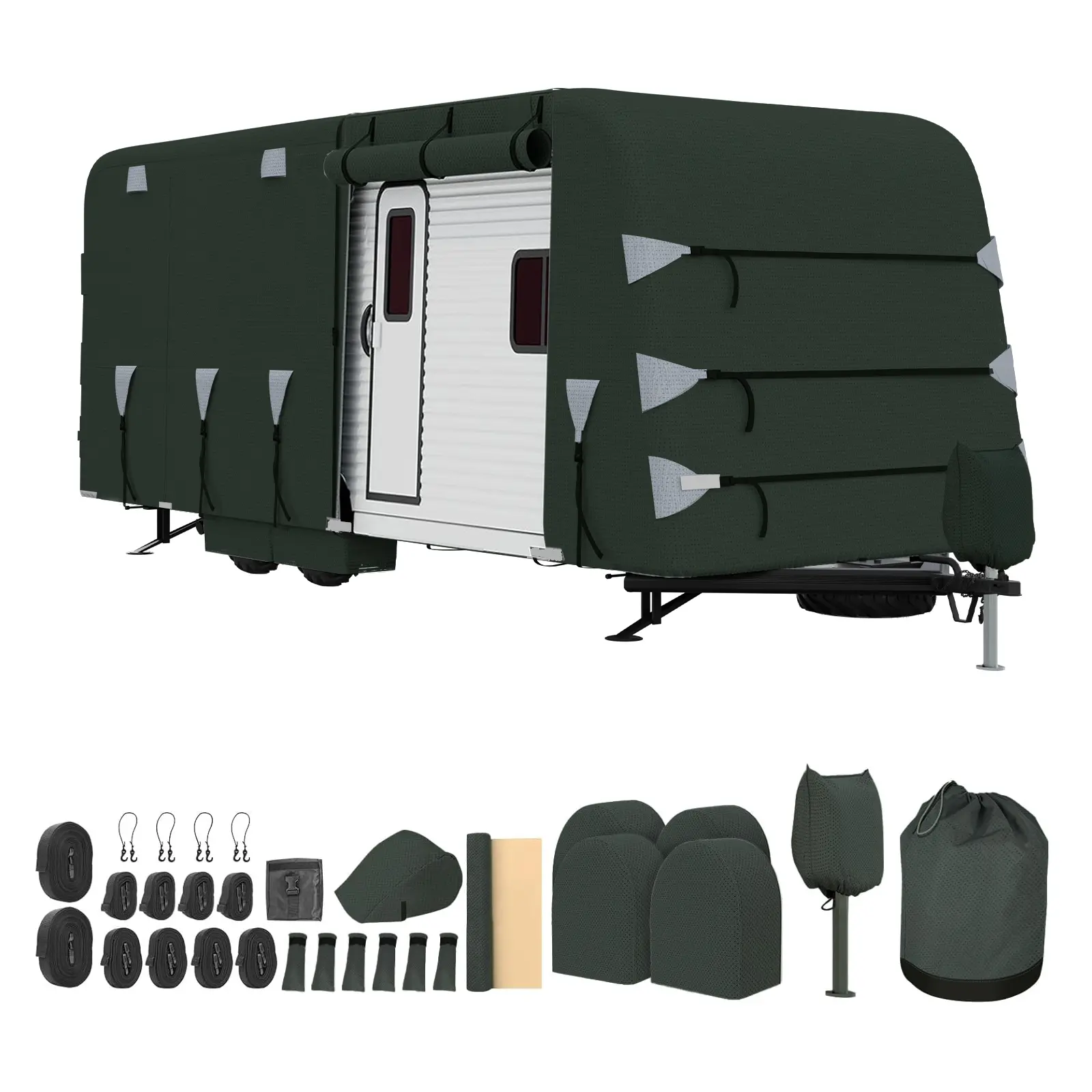 RV Cover for Travel Trailer, Waterproof 4-Layer Padded Camper Cover with Zippered Door Access, Windproof Straps & Storage Bag - Outdoor Travel Trailer Protection for Winter Sun Snow