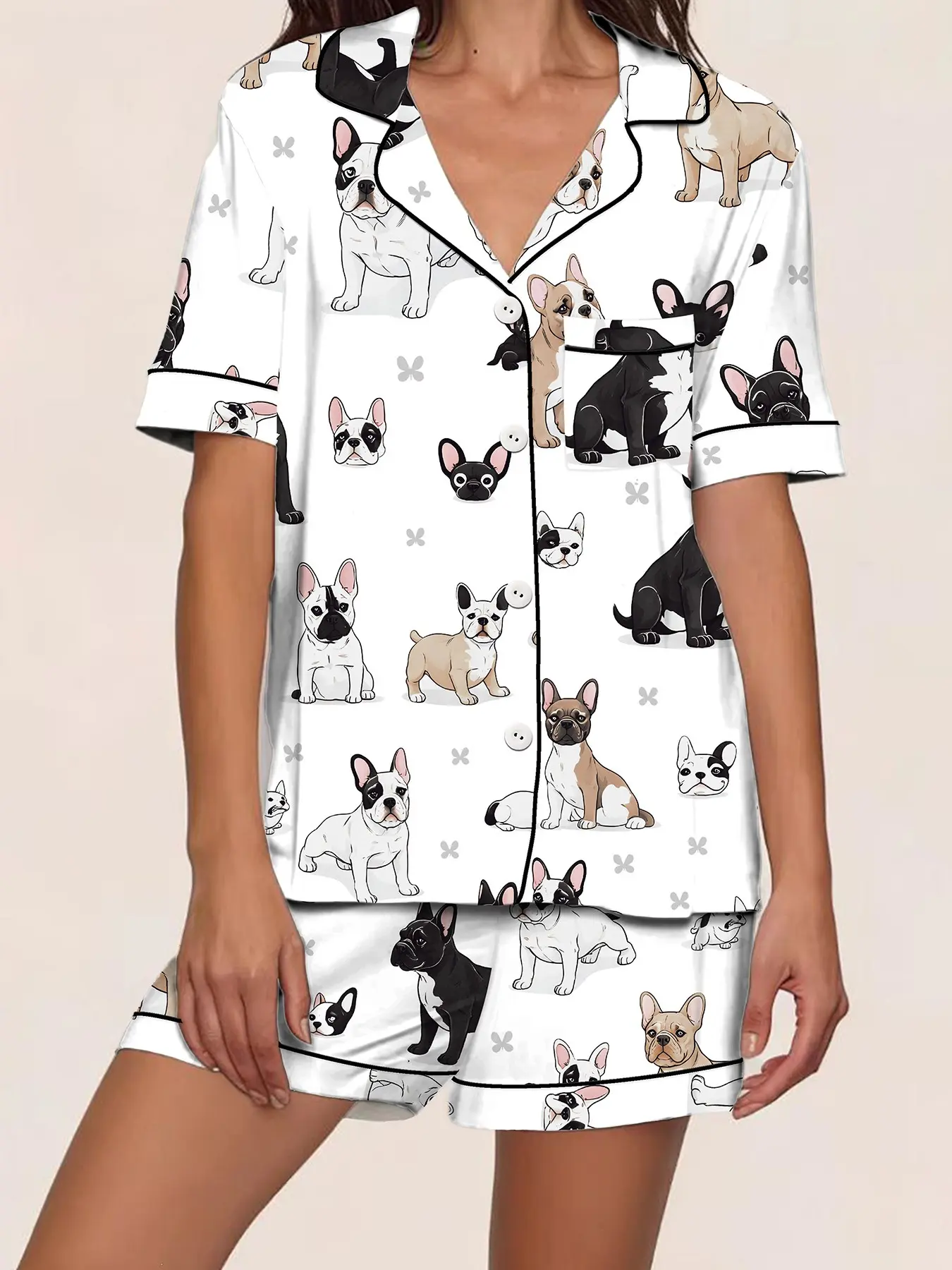 Dopamine Soft Cute Style Women's Spring Summer Pajama Set, All over Print French Bulldog & Flower Design, Cozy Homewear for Relaxing & Outings