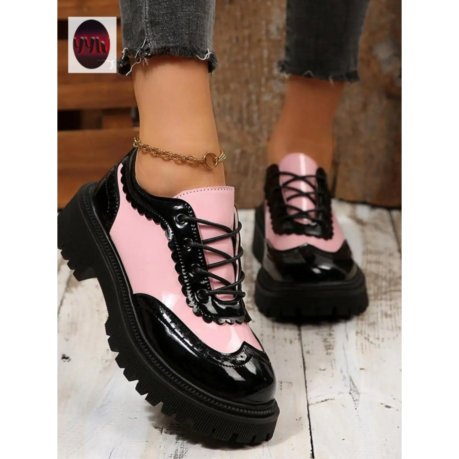 YYW1 Women's Plain PU Leather Low-Heel Loafers, Round Toe Lace-Up Low-Cut Comfortable Walking Shoes, Casual Daily Wear Footwear, Laces,shoes for back to school,back to school shoes