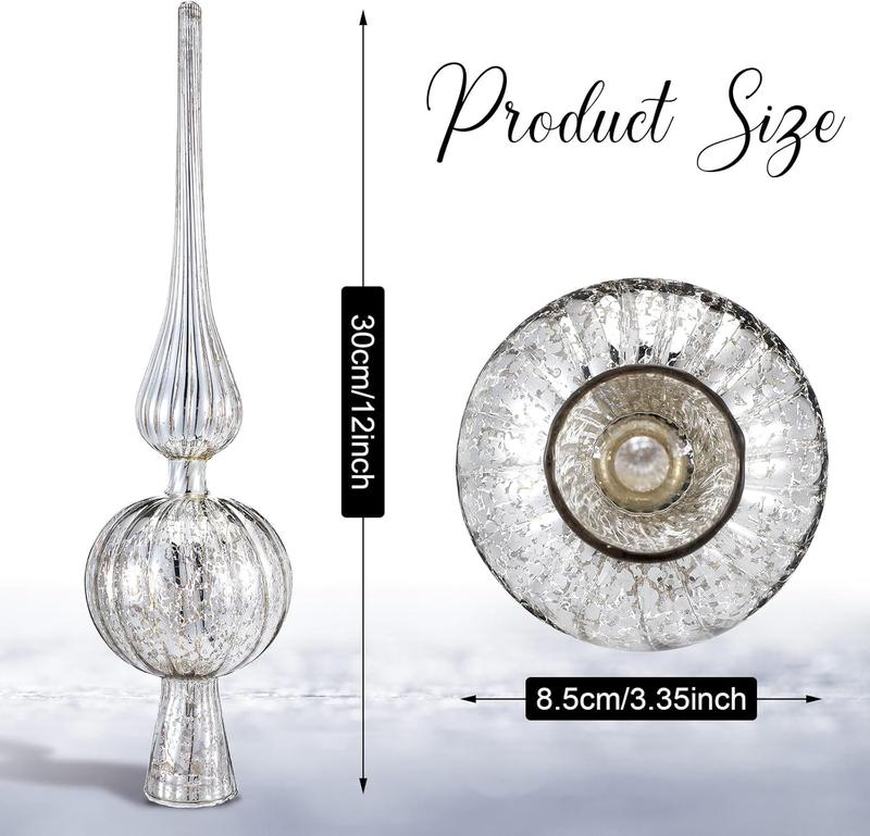 Mercury Glass Finial Christmas Tree Topper 12 Inches Vintage Spherical Xmas Tree Topper Mid Century Christmas Ornament for Home Xmas Holiday Decorations(Sliver)