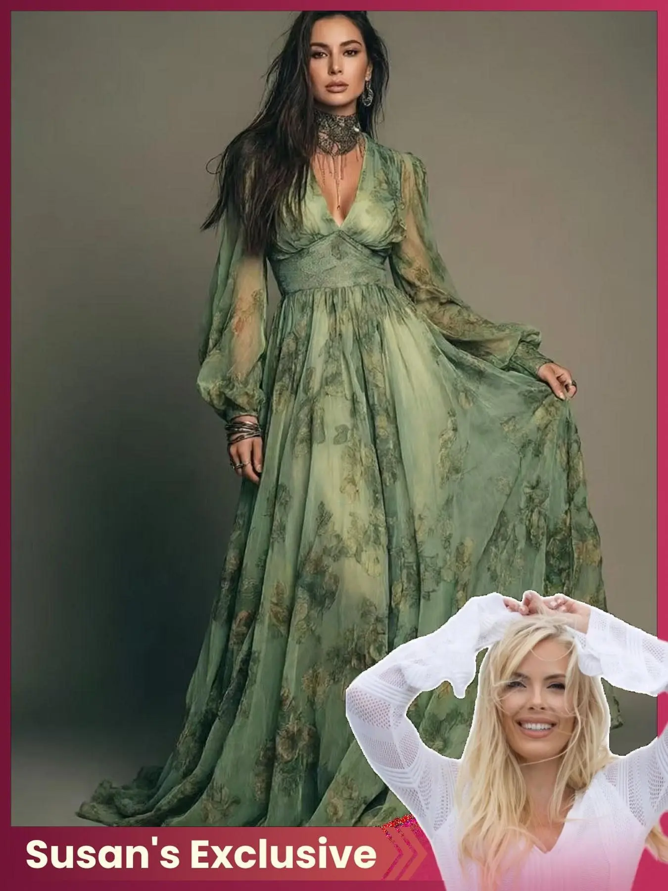 Women's Fashion Long Sleeve Lightweight Chiffon Maxi Dress, Print Back Zip V Neck Waist Cinch, Comfortable Soft Fabric, Party Wedding Gown, Dresses For Wedding