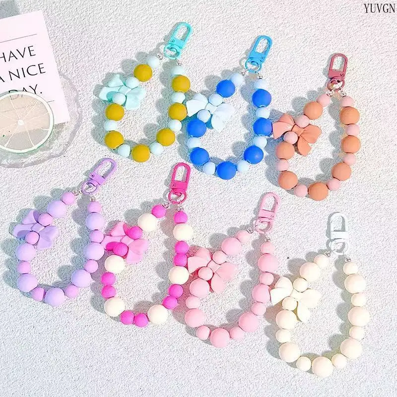 Pastel Beaded Round-Loop Unisex Charm, Bow-Accent Wrist Strap Keychain, Colorful Decor Accessory for Backpack Handbag (Sports & Outdoor Leisure Use), Colorful Charm