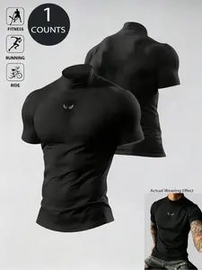 Men's Black Mock Neck Short Sleeve T-Shirt | Compression Fit Muscle Tee with Wing Logo | Ideal for Gym, Casual Streetwear & Everyday Outfits | Athletic Compression Shirts | Fitness Shirt | Fitness Apparel | Fitness Top