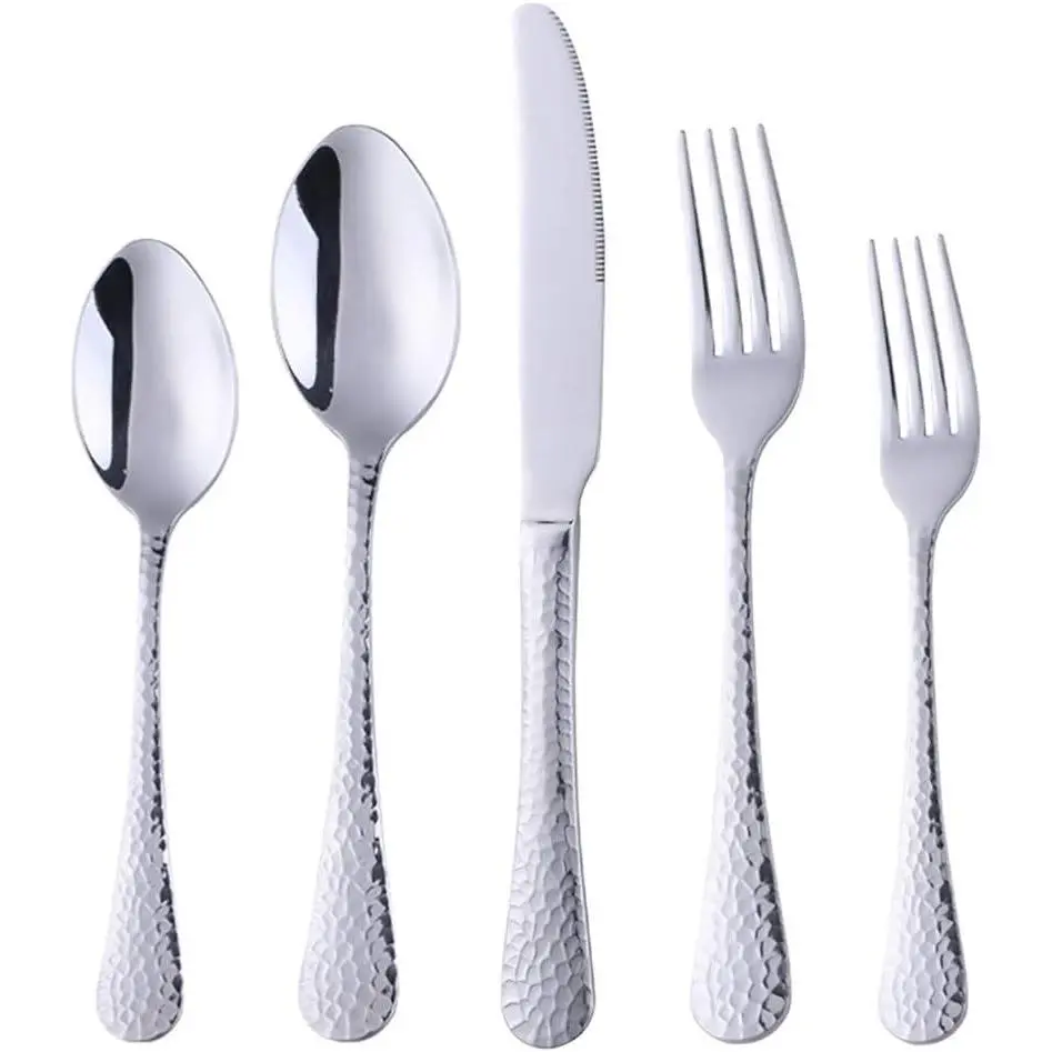 Stylish Heavyweight 18/8 Stainless Steel Hammered Look Tableware Set, 5-Count Kitchen Flatware Cutlery Utensils, Mirror Polish, Dishwasher Safe for Everyday Use