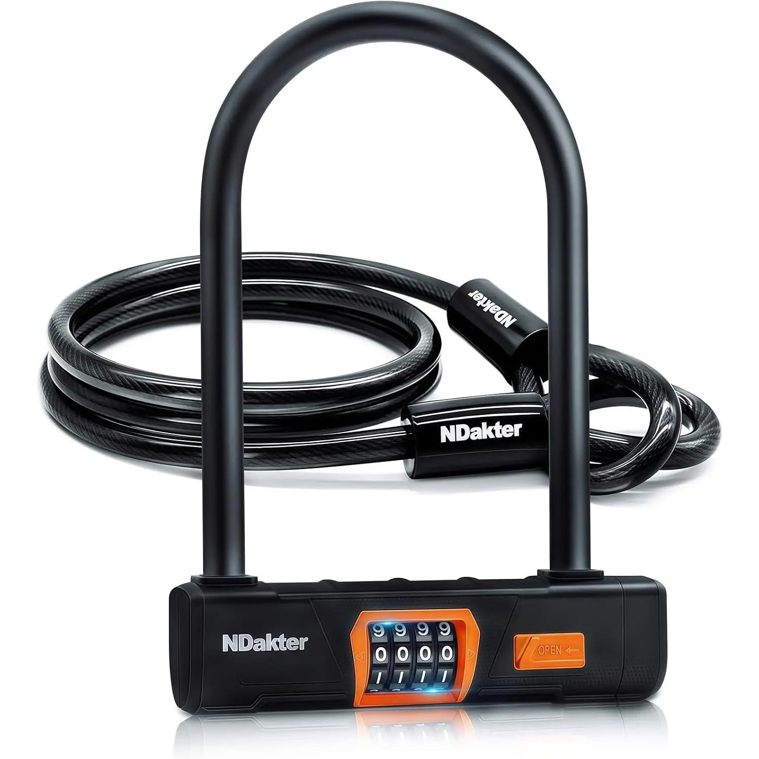 Heavy Duty Anti Theft Bike U Lock, 4-Digit Resettable Combination Bicycle Lock, Large U Shaped Ebike Lock with 5Ft Steel Cable for Electric Bike, Escooter, Motorcycle, Door