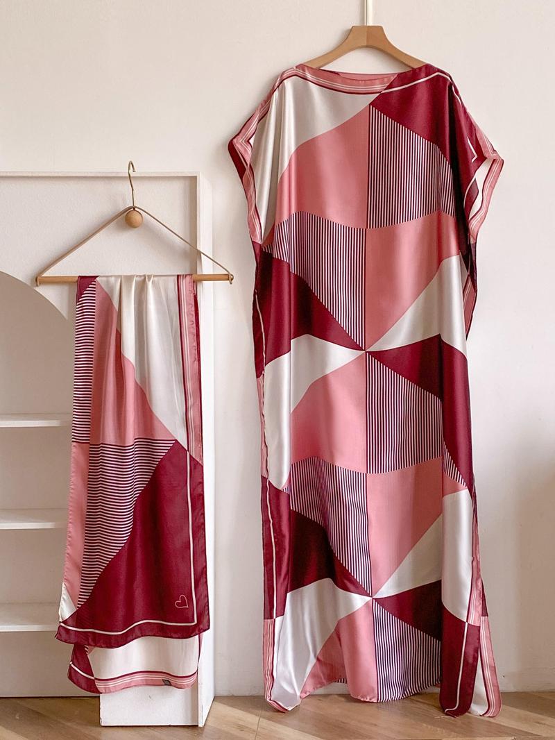 Women's Colorblock Print Long Scarf & Poncho Set, Casual Soft Comfortable Shawl for Beach Vacation, Fashion Accessories for Women & Girls