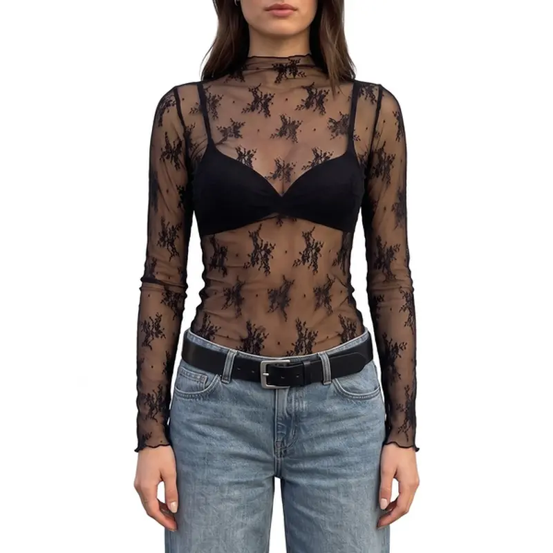 Women's Simple Lace Mesh Long-Sleeve Blouse - Nylon Embroidery Sheer Floral Layering Shirt for Spring, Casual Outfits, Shirts