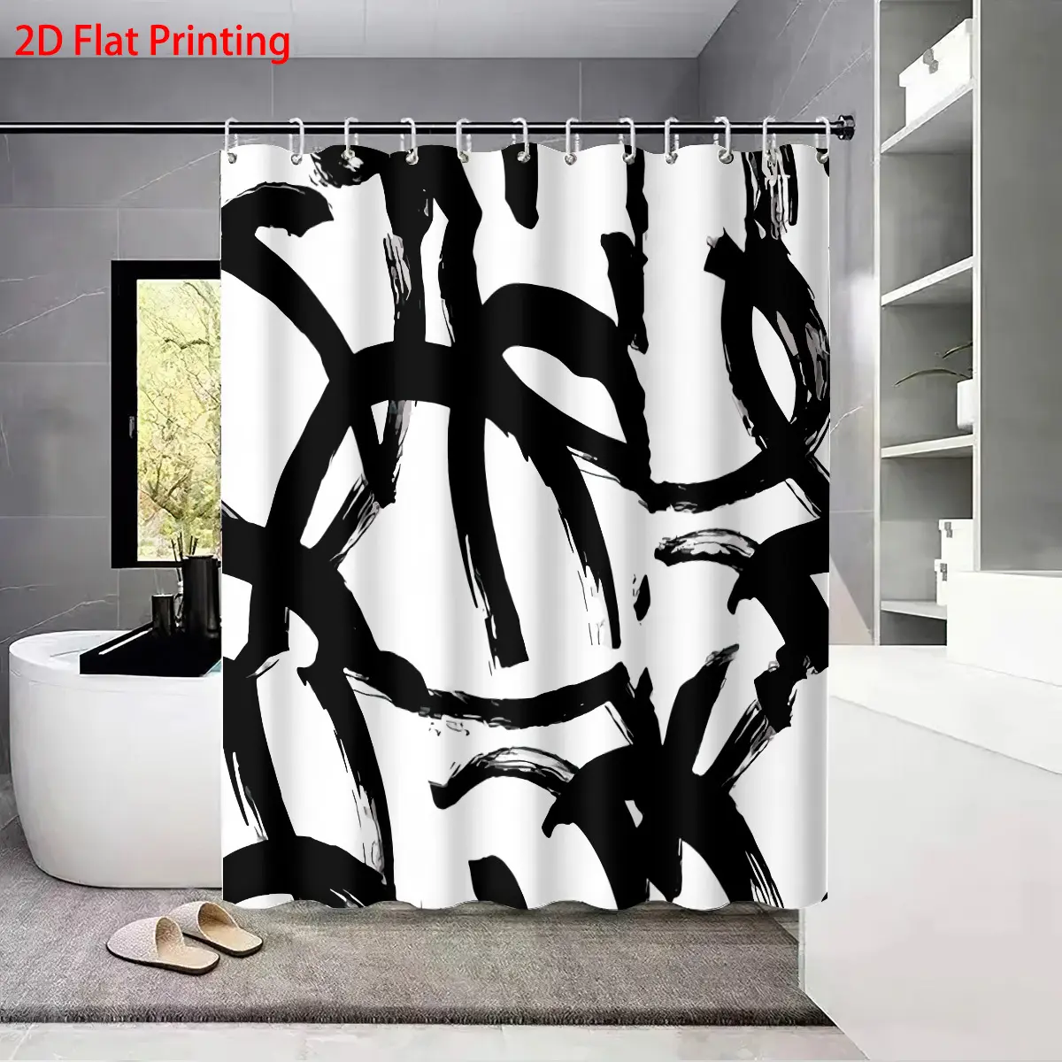 1 piece black and white abstract geometric theme printed shower curtain with perforated hooks, machine washable, shower partitions and privacy protection, stylish and comfortable design, easy to install bathroom decor and accessories