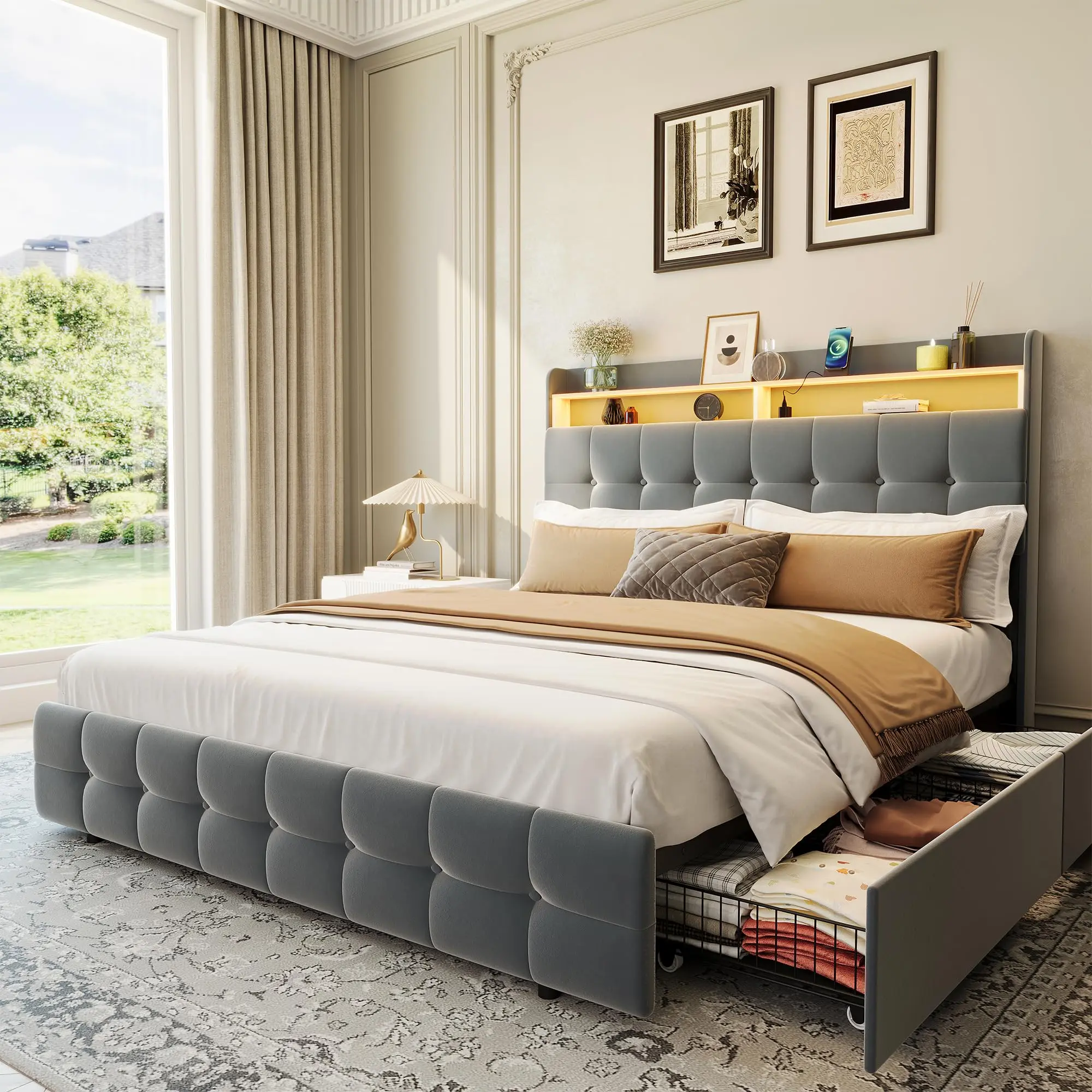 Garvee - Queen Size Bed Frame with 2 Storage Drawers, Upholstered Queen Bed Frame with LED Light, Double-Layer Headboard with Charging Outlet and USB Port, Soft Plush Fabric, Gray