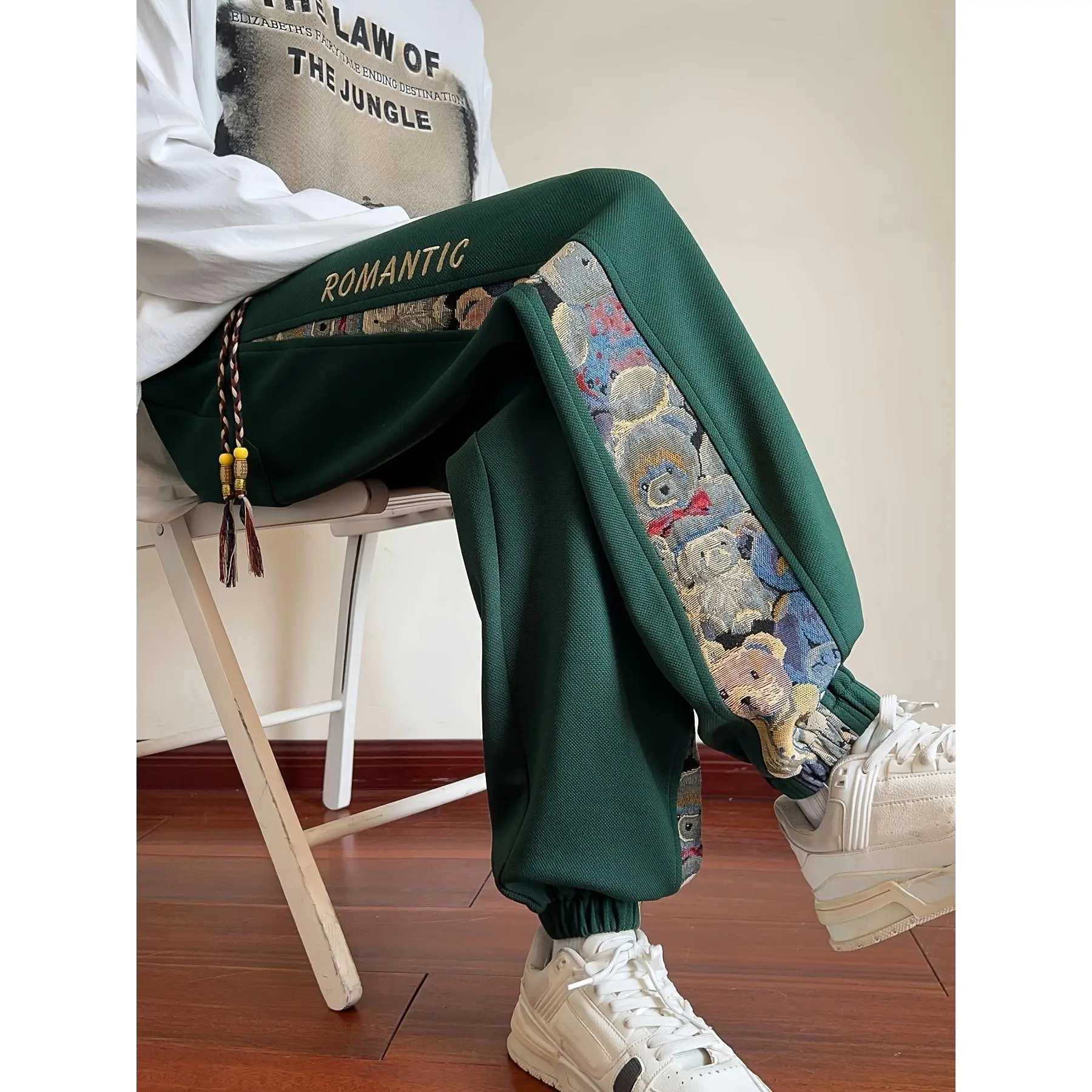 Men'S Casual Pants with a Drawstring Featuring a Patchwork Embroidered Animal Design
