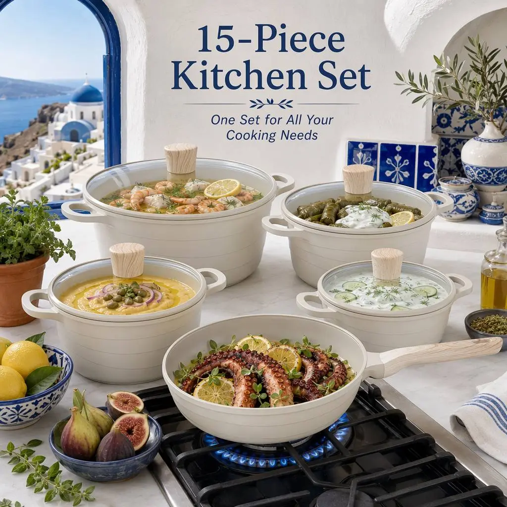 Stylish Trendy Wavy Design 15 Piece Ceramic Non-Stick Cookware Set, Healthy PFOS & PFOA Free Kitchen Cooking Set, 3QT/5QT/8QT/12QT Stock Pots with 1 Deep Frying Pan, Compatible with All Stovetops