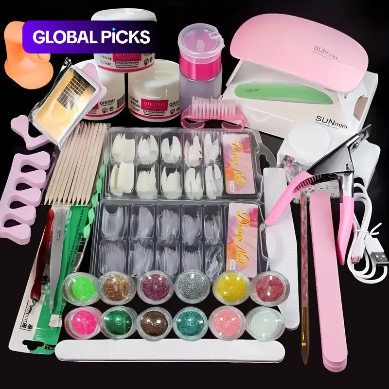 Professional Gel Nail Set with LED Lamp, Nail Drill, Acrylic Powder and Liquid Kit, False Nail Tips and Salon Quality Tools
