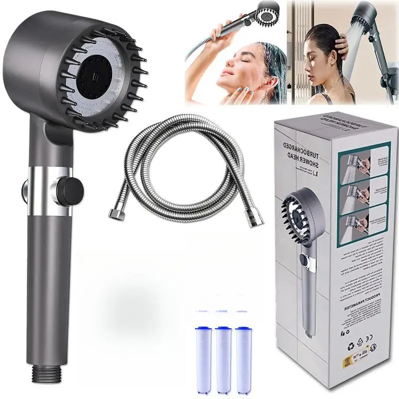 Multifunctional 5 Filters Pressurized 3 in 1 Adjustable Handheld Massage Shower Head with Stainless Steel Hose for Bathroom RV Hotel