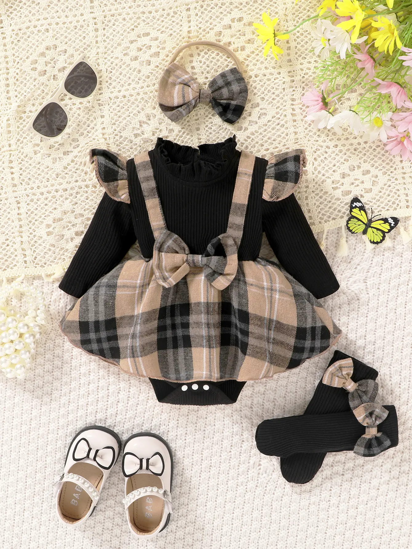 Plaid Bow Decor Baby Girl 3PCS Outfit Patchwork Ruffled Wavy Collar Long Sleeve Jumpsuit Romper Matching Bow Socks And Headband Sweet Daily Wear