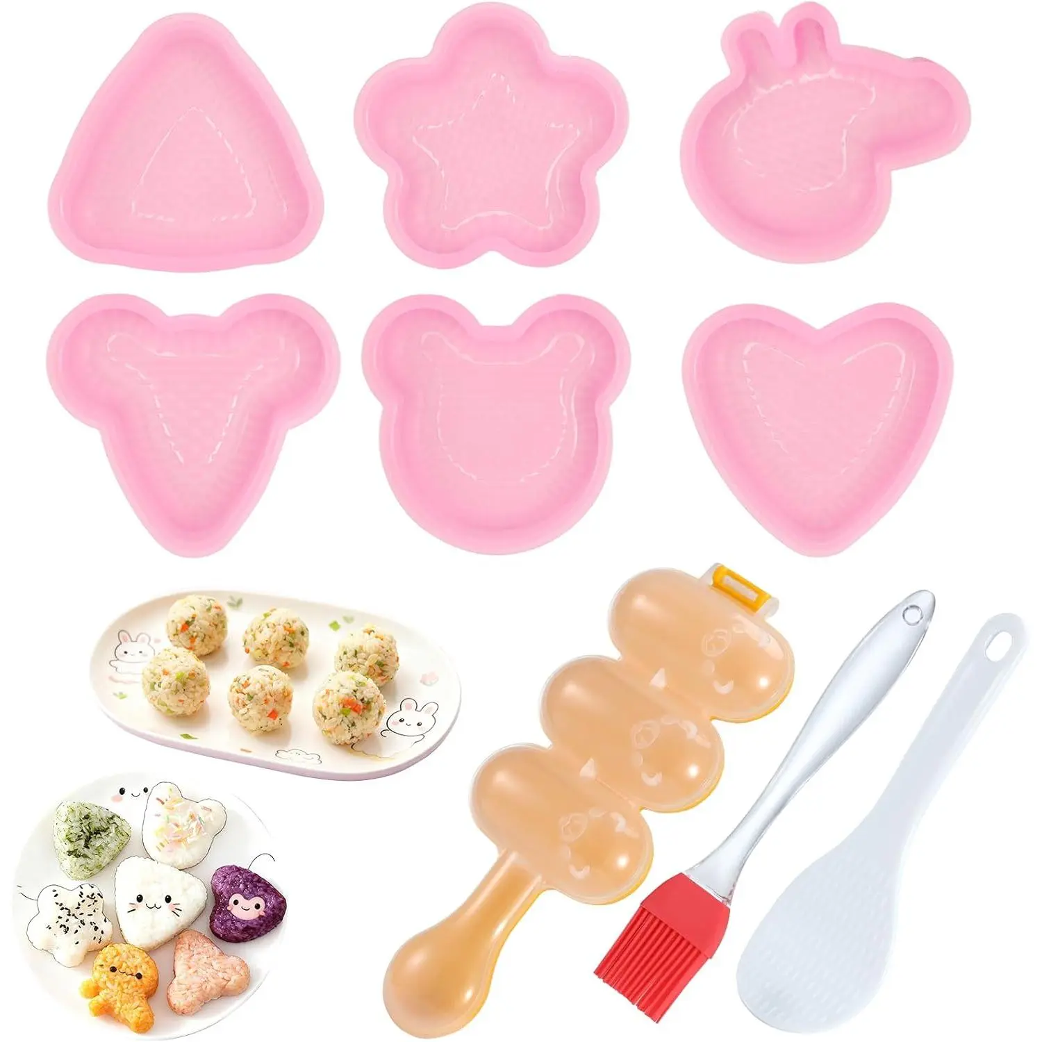 Onigiri Mold, 9 count Triangle Rice Ball Mold Sushi Maker Kit Musubi Press with Rice Paddle and Brush for Lunch Bento and Beginners(Beige)