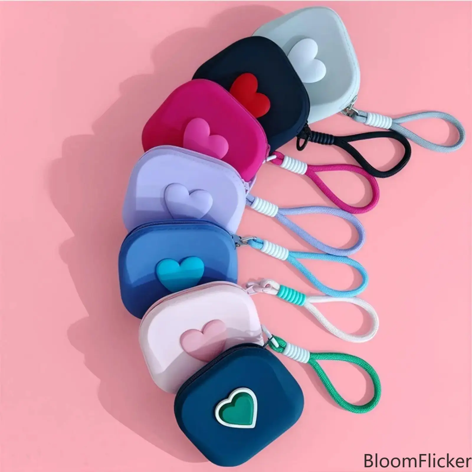 Cute Heart Square Silicone Mini Pouch with Hand Strap, Multi-Purpose Portable Storage Case for AirPods & All Wireless Earbuds, Small Lightweight Coin Purse to Hold Keys, Cards and Tiny Daily Essentials