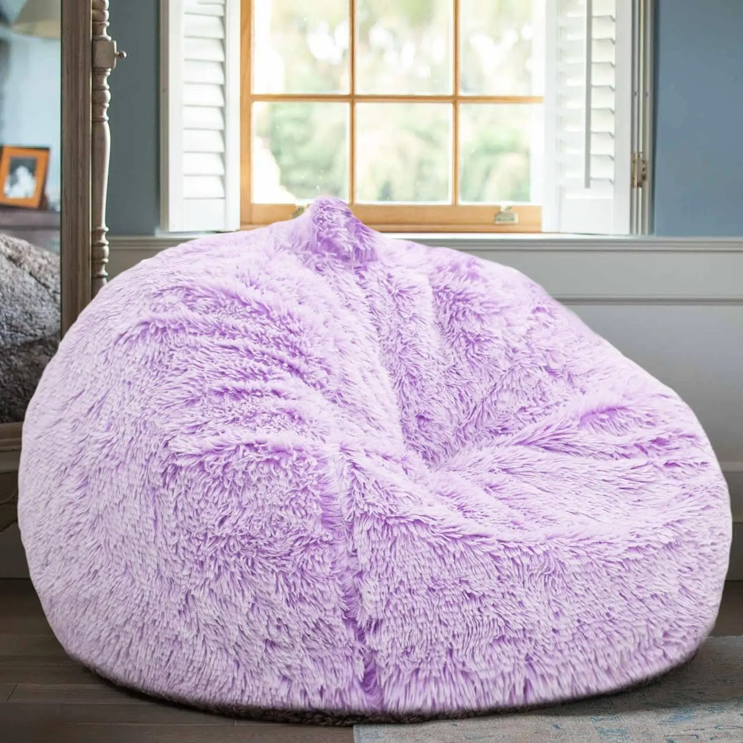 Soft Plush Faux Fur Stuffed Animal Storage Bean Bag Chair Cover-Only (No Filler), Indoor Furniture Organizer for Teens & Kids, Lavender