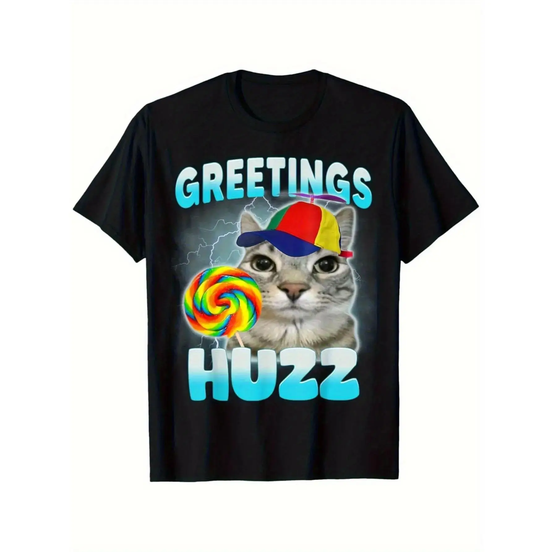Men's Unisex Printed Short-Sleeve T-Shirt with Collars, Comfy Cotton Fabric, Playful "Where The Huzz At" Cat Meme Design, Streetwear Basic Tee for Cat Lovers summerwins graphic tee
