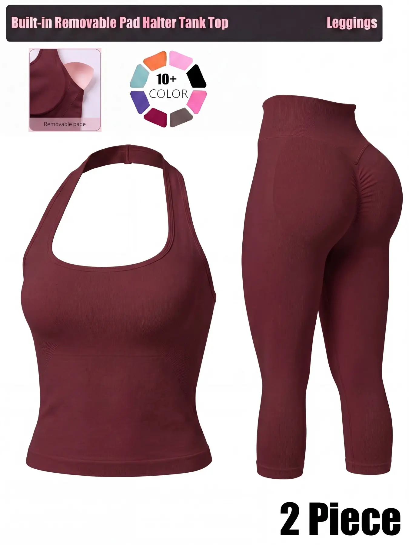 Two-Piece Set, Seamless Workout Sets, Women's Solid Seamless Halter Neck Crop Tank Tops Removable Pads& High Waist Capris Yoga Legging Set, Breathable Comfortable Outfits for Yoga Gym Workout Running