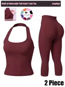 Women's Two-Piece Set Solid Seamless Halter Neck Crop Tank Tops Removable Pads& High Waist Capris Yoga Legging Set, Breathable Comfortable Outfits for Yoga Gym Workout Running, Ladies Sportswear, Fitness Clothing, All Season Activewear