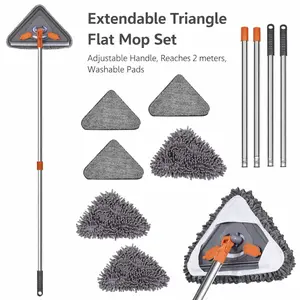 Triangle Wall Mop with 78" (2M) Long Handle, 360° Rotating Extendable Baseboard & Ceiling Cleaner Tool, Wet Dry Flat Mop with 6 Reusable Microfiber Pads for Floor, Window, Corner