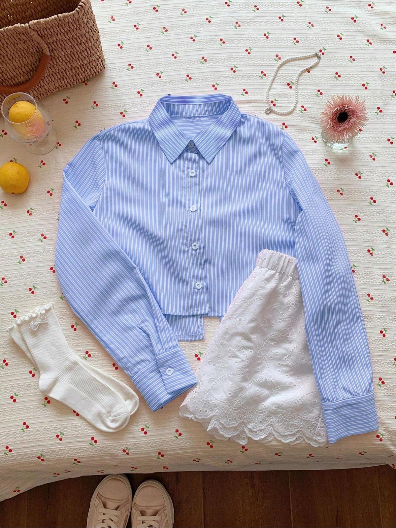 Women's Striped Print Shirt, Casual Comfy Shirt, Casual Long Sleeve Collared Top for Daily Wear, Ladies Clothes for All Seasons