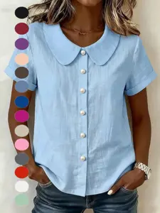 2026 Summer Women's Pure Color Short Sleeve Casual Shirt, Loose Fit Cotton Linen Peter Pan Collar, European & American Style Top