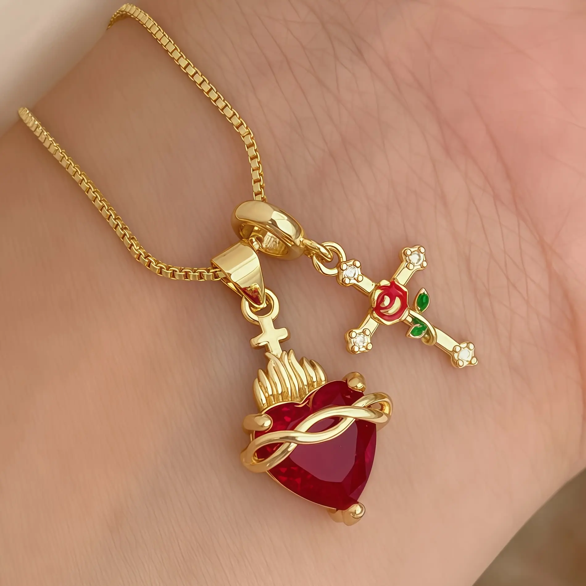 14K Gold Box Chain Sacred Heart Necklace|Red Zircon Flaming Sacred Heart Pendant with Rose Crystal Cross Charm, Bohemian Retro Catholic Religious Amulet, Stackable Layerable Statement Jewelry, Ideal Valentine Birthday Party Gift For Women & Girls