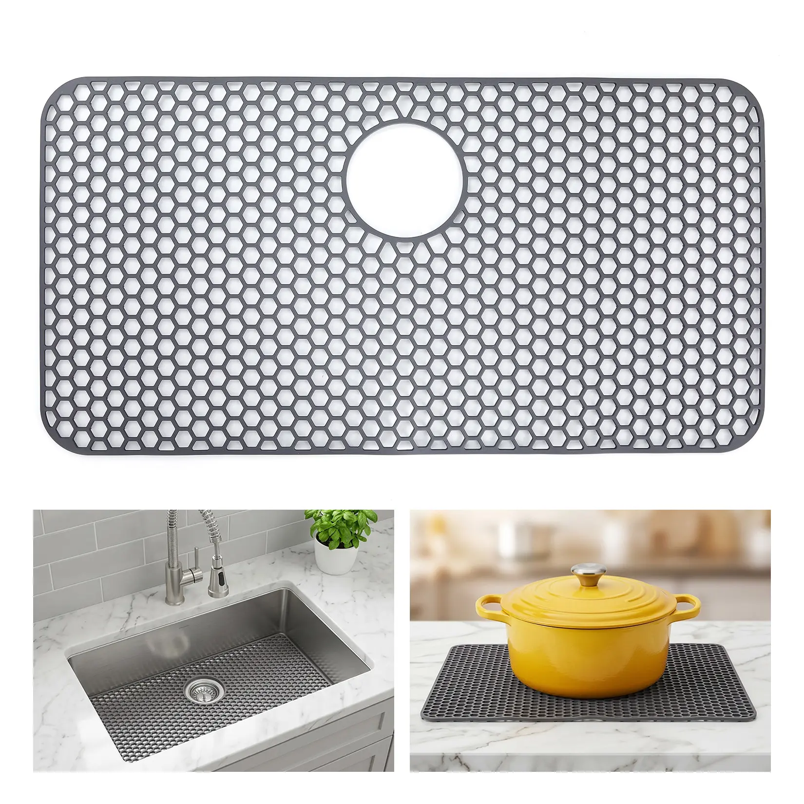 【IdealHouse】30 x 16 Inch / 28.4 x 15.2 Inch Silicone Sink Protector Mat, Rear Drain Hole Honeycomb Grid Sink Liner, Non Slip Heat Resistant Kitchen Sink Bottom Grid, Anti Scratch Mat for Stainless Steel Farmhouse Sink