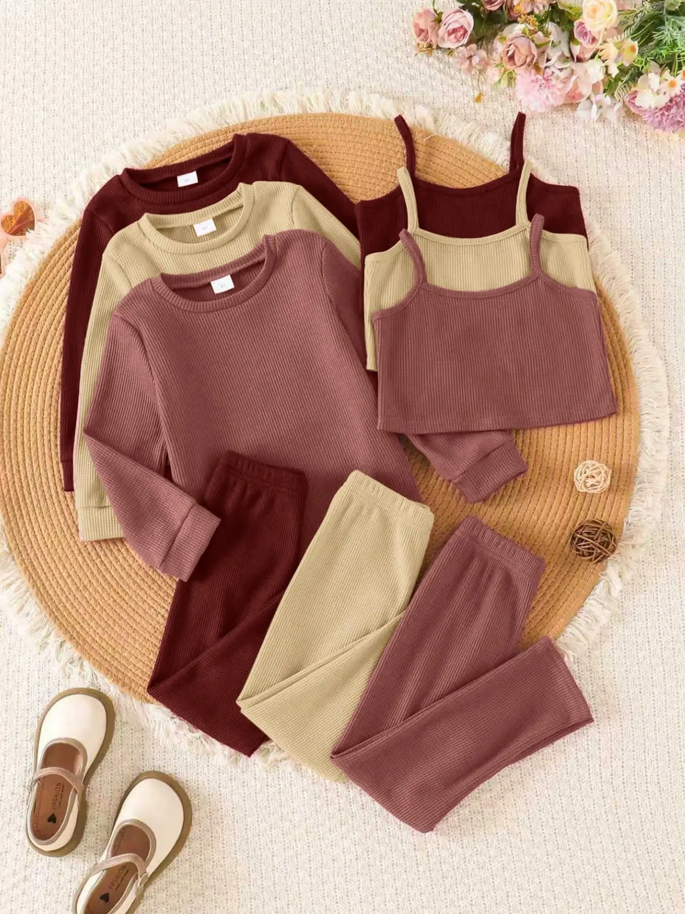 Nine-Piece Girls' Clothing Set, Solid Color Tank Tops and Long Sleeve T-Shirts, Casual Loose-Fit Pants, Fall & Winter Outdoor Wear, Knitted Set Clothes