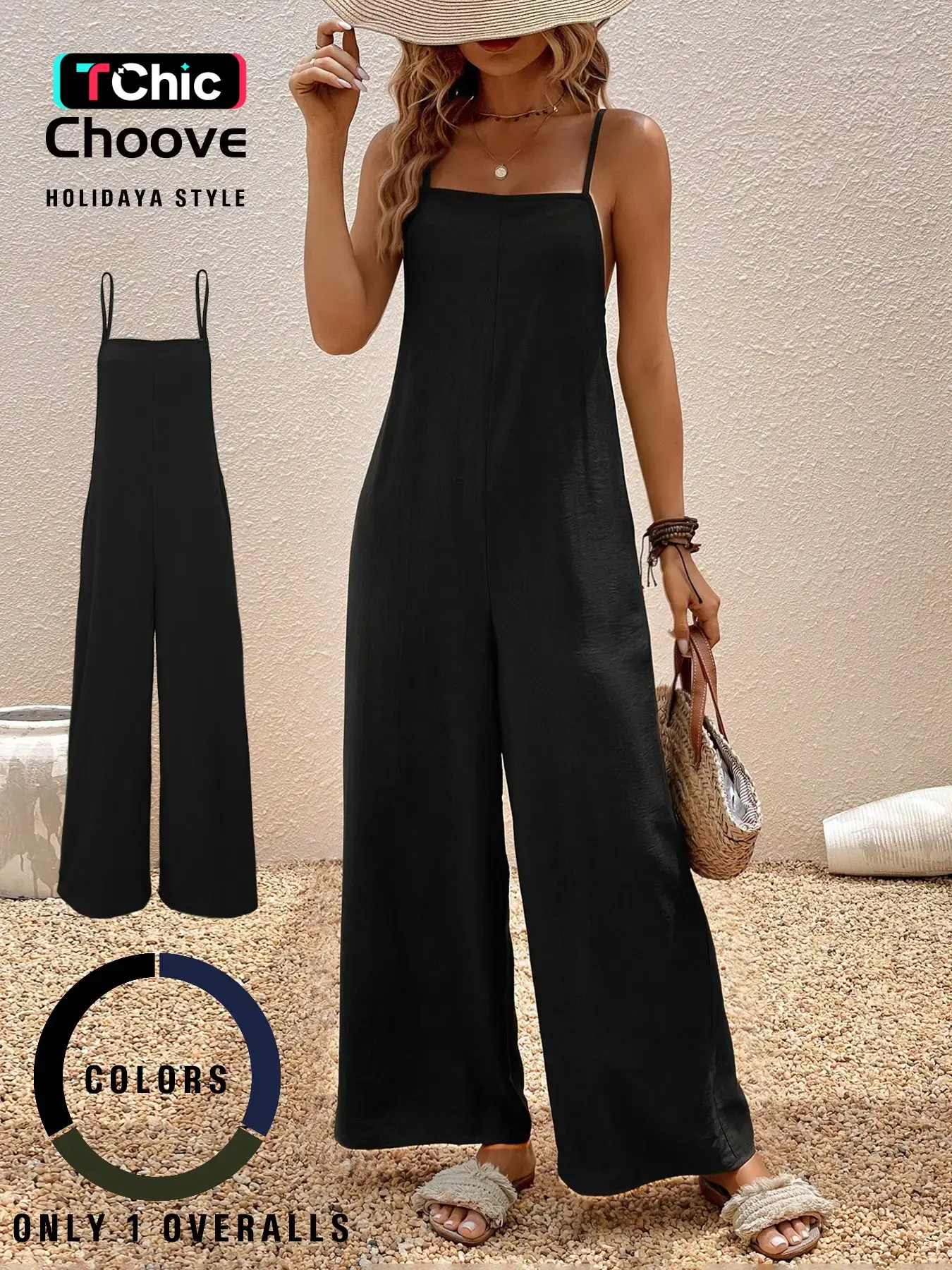 Summer Women's Casual Sleeveless Spaghetti Strap Woven Overalls, Loose overalls jumpsuits, Loose-fit Solid Pattern All Seasons Wear, Fashionable and Comfortable Jumpsuit