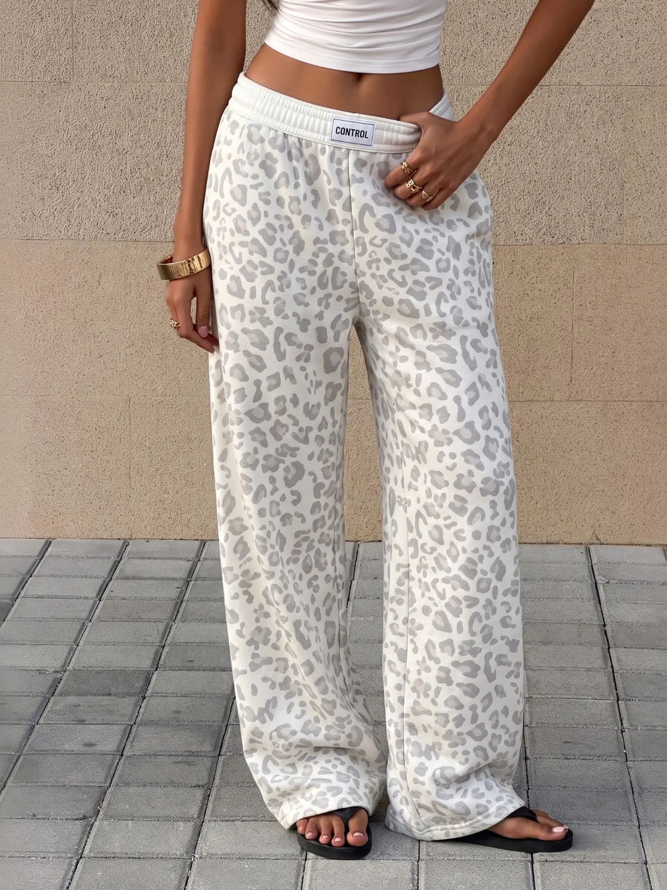 Y2K Leopard Print Wide Leg Sweatpants, Elastic Waist Loose Casual Baggy Trousers Streetwear Pants for Women