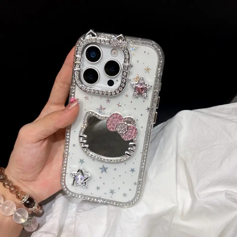 Double-sided diamond cat ear mirror phone case For iPhone 17 16 15 14 13 12 Pro Max Plus, cute girly protective case