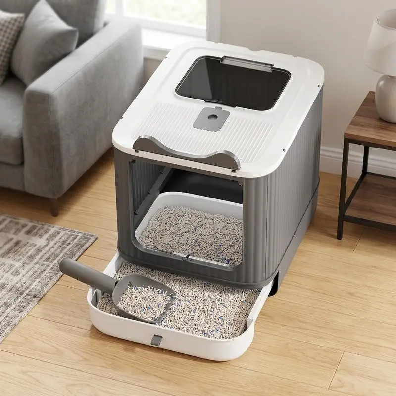 Foldable Enclosed Litterbox for Small & Medium Indoor Cats (Up to 15 lbs) - Durable PP+PS Plastics, Dual Tone, Anti-Tracking Top-Exit Grate, Easy Scoop, Easy-Slide Drawer-Style Tray, Odor Control, Minimalist Grey & Pink Home Decor Space Saver