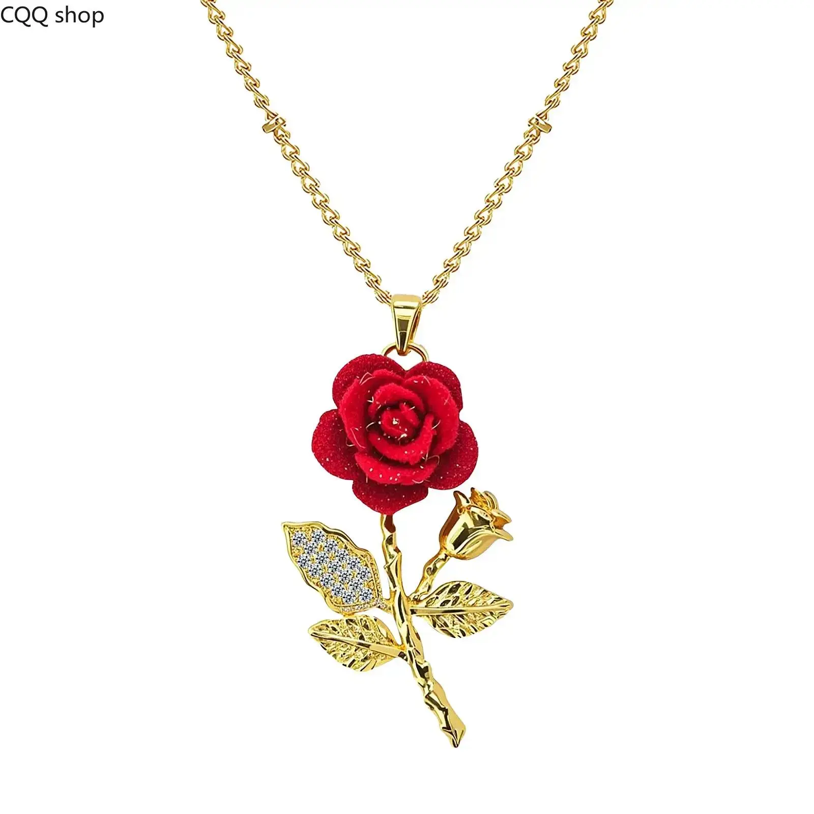 Women Rose Flower Necklace – Cubic Zirconia Copper Pendant with Velvet Red Flower Romantic Jewelry Gift for Girlfriend Wife Valentine's Day Anniversary Birthday summerwins,summerwins