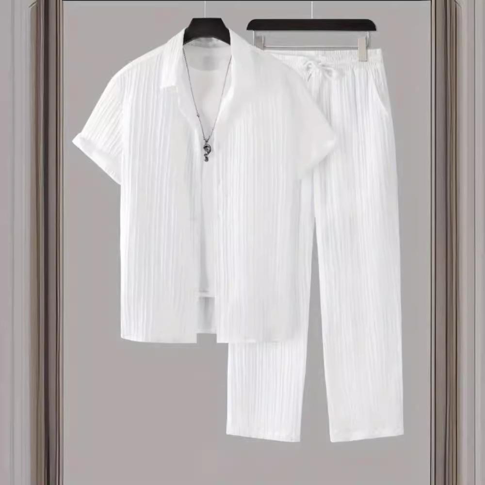 2026 Men's Striped Short-Sleeve Shirt with Button-Down Collar and Drawstring Trousers Set