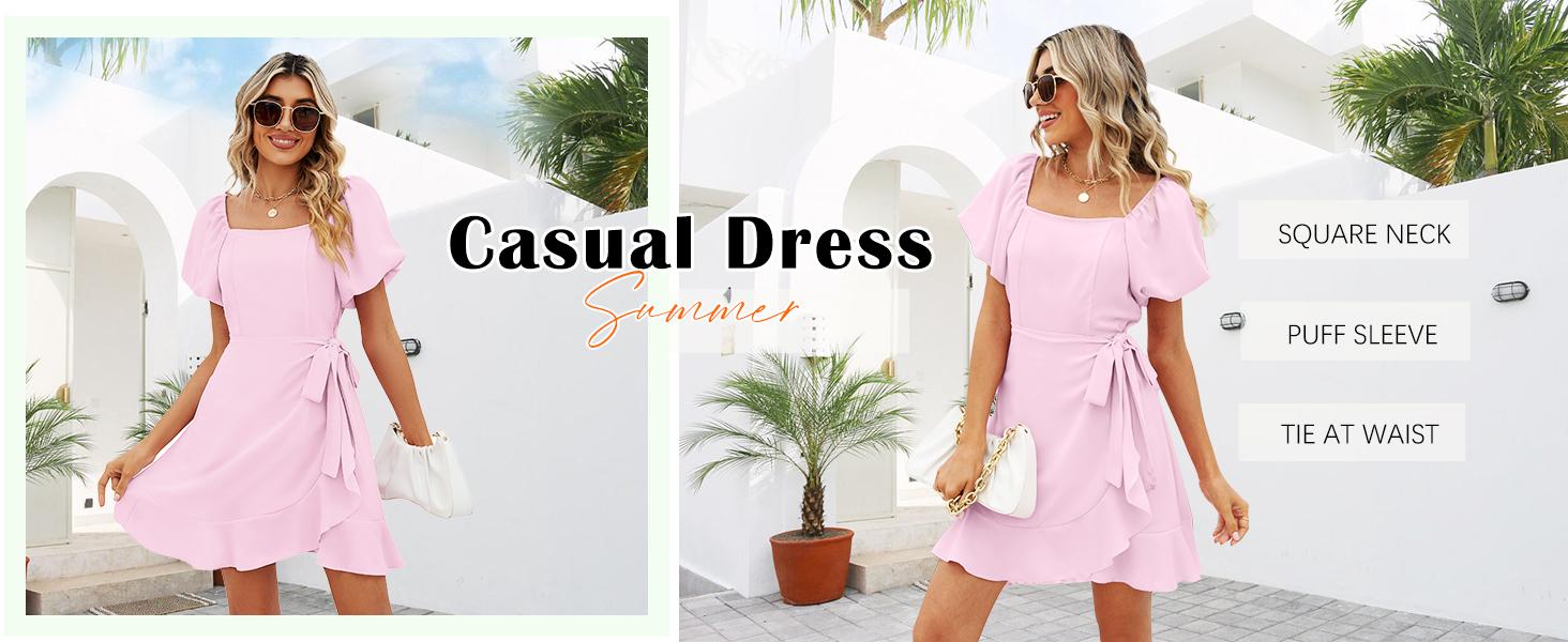 OFEEFAN Womens Summer Dresses Square Neck Puff Sleeve Tie Waist Short Dress SpringStatements