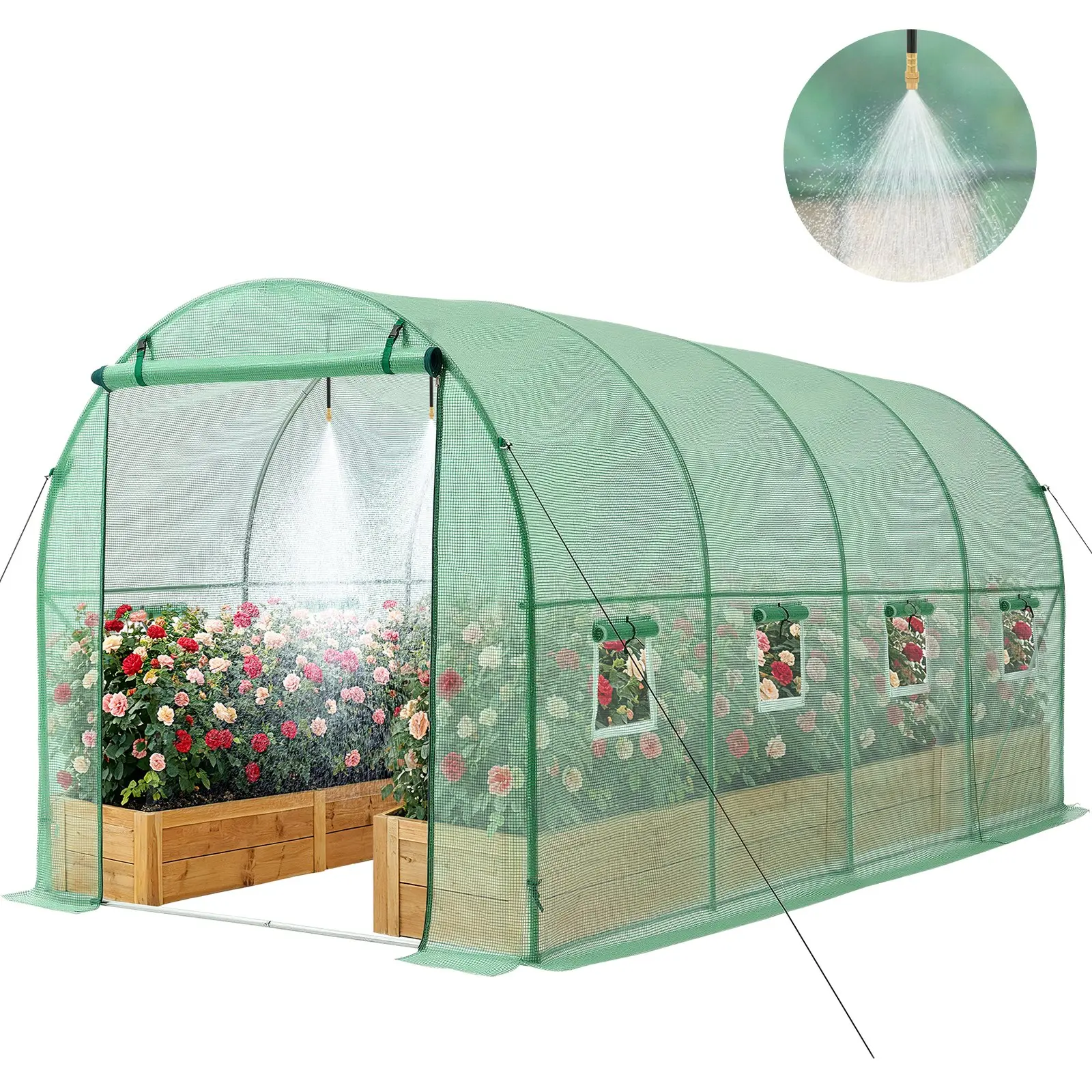 VEVOR Walk-in Tunnel Greenhouse, 15x 7x 7 ft Hoop House Greenhouse Tunnel with Watering System, Plant Hot House with Steel Frame, PE Cover, Roll-Up Zipper Door and 8 Windows for Outdoors, Green
