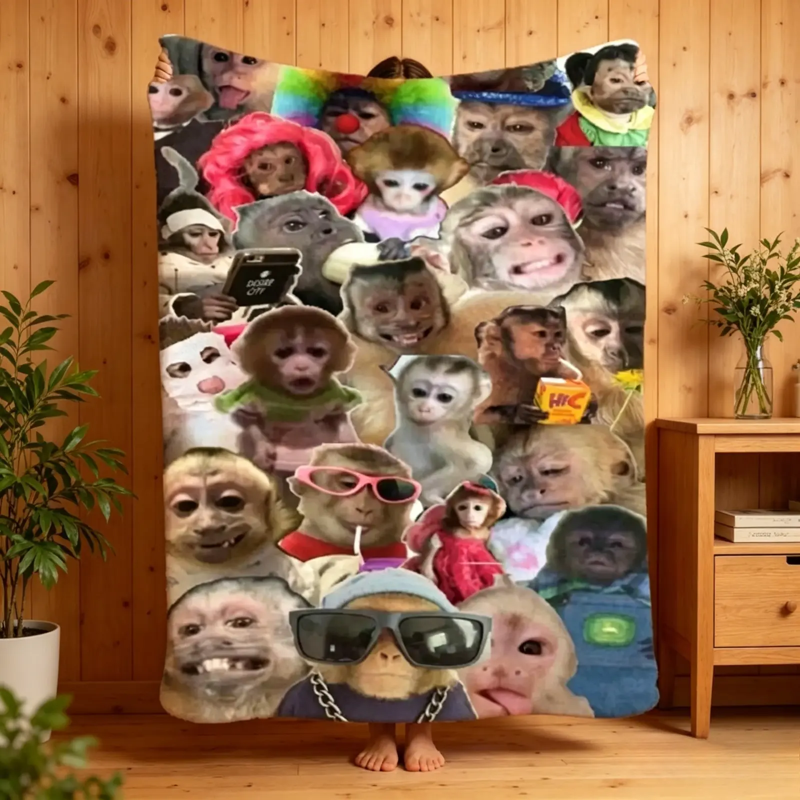 Funny Monkey Face Meme Collage Flannel Blanket Viral Meme Print Soft Cozy Lightweight AC Throw Blanket Kids Adults Sofa Bed Bedroom Living Room Office Travel Camping Movie Night Home Decor Birthday Gift Christmas Gift Funny Animal Blanket