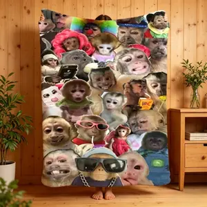 Funny Monkey Face Meme Collage Flannel Blanket Viral Meme Print Soft Cozy Lightweight AC Throw Blanket Kids Adults Sofa Bed Bedroom Living Room Office Travel Camping Movie Night Home Decor Birthday Gift Christmas Gift Funny Animal Blanket