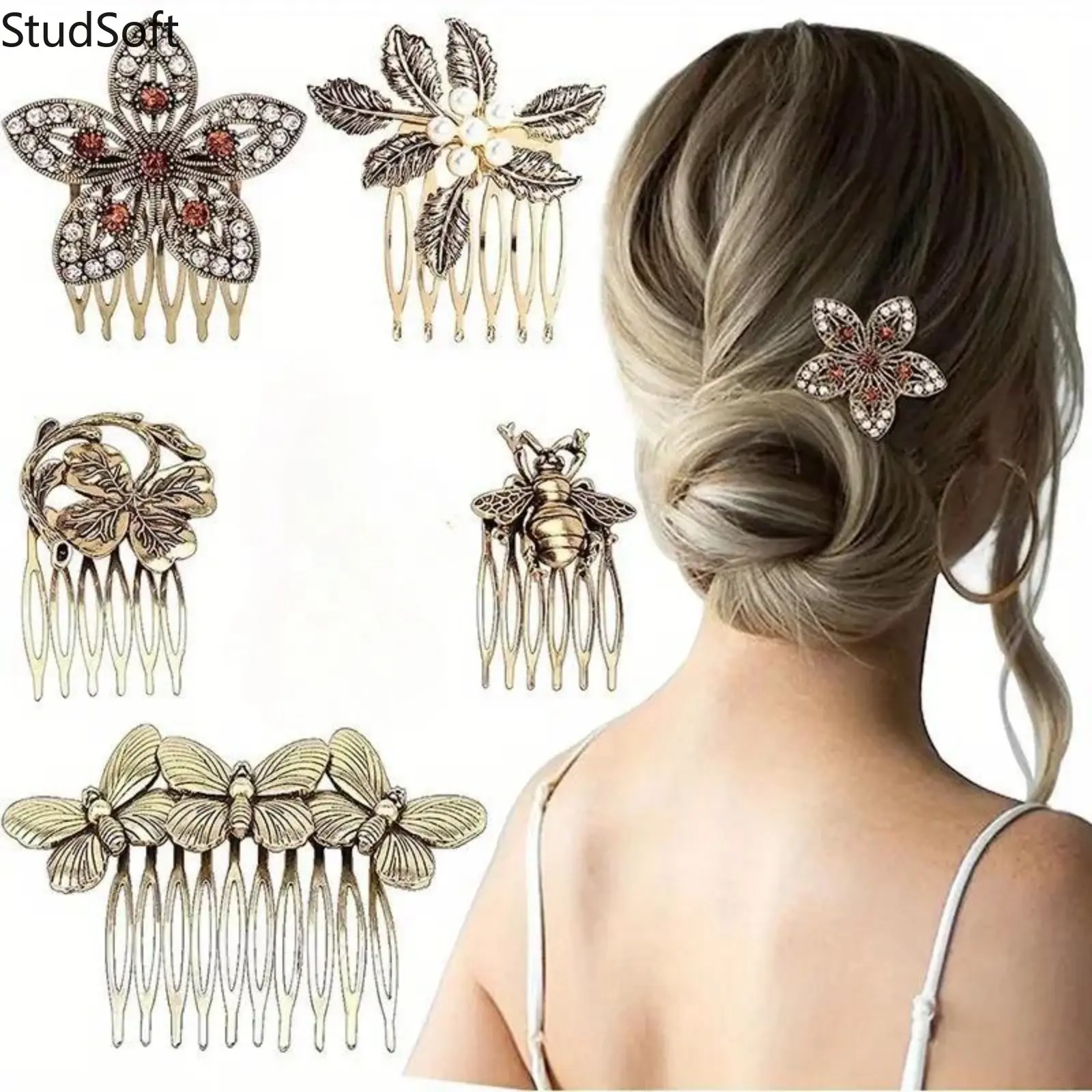 Women's 5Pcs Vintage Metal Combs with Pearl Rhinestones, Bee Flower Decorative Gold Side Combs for Bridal Wear, Female Hair Teeth Grip Accessories (Sports & Outdoor Complementary Accessory),sohochic