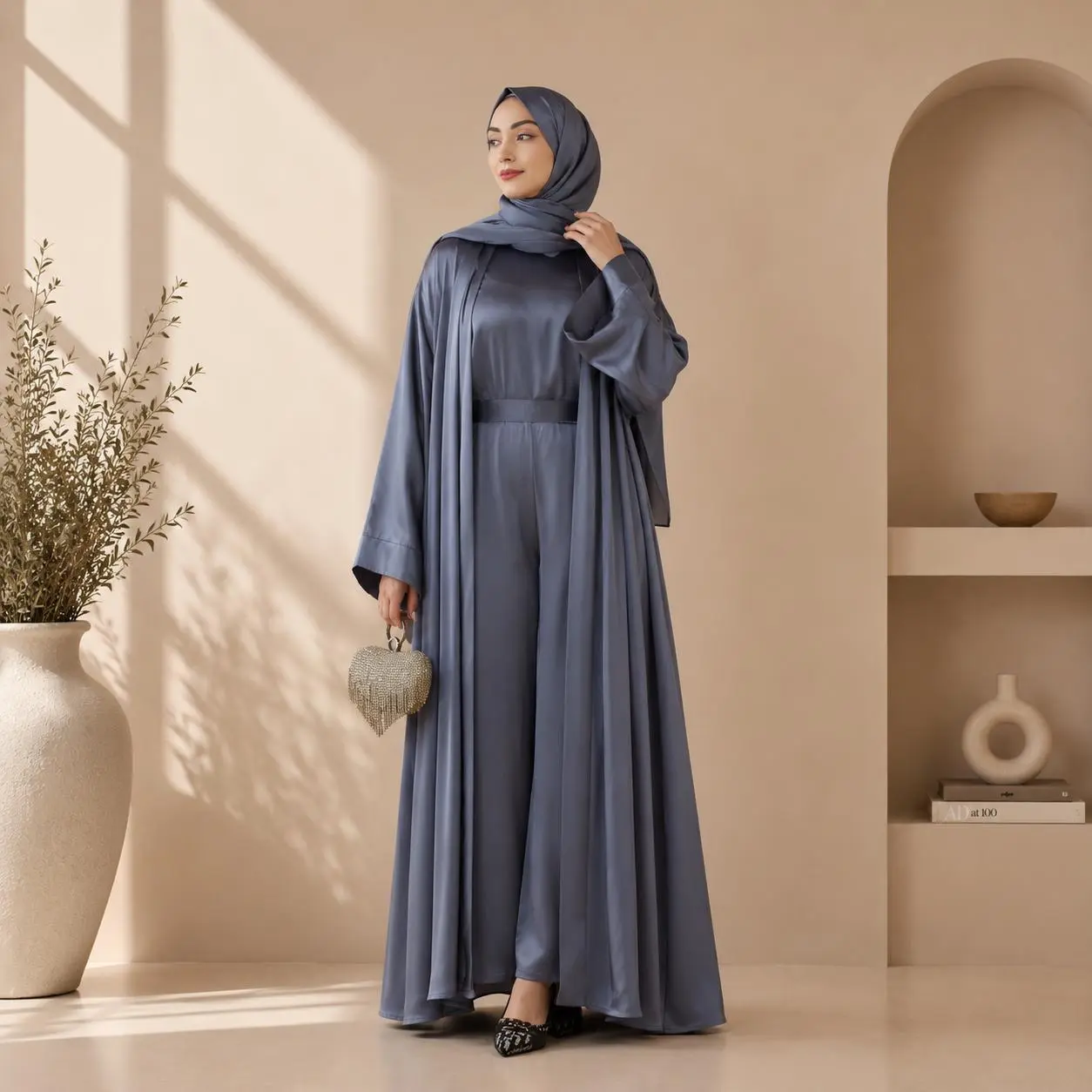 Open Abaya Set 4 Piece Satin Top Wide Leg Pants Matching Hijab (MOA034)