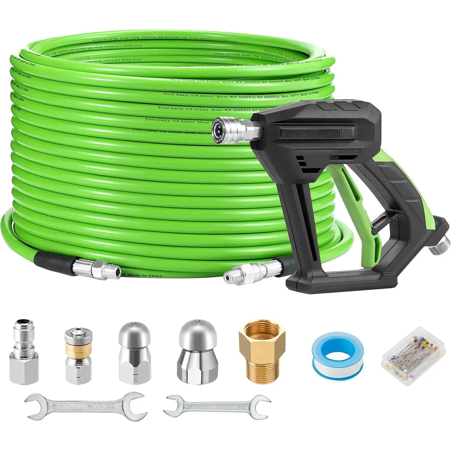 Sewer Jetter Drain Cleaning Machine Kit with 100 FT Hose Kit, Short Gun, 1/4 Inch NPT Fitting, Corner, Rotating & Button Nose Jetting Nozzles, 3600 PSI Pressure Washer