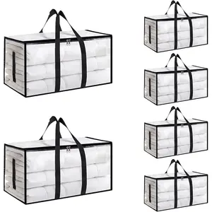 6 Pack Clear Extra Large Moving Storage Bags 95L Heavy Duty Waterproof Foldable Totes with Reinforced Zippers & Padded Handles