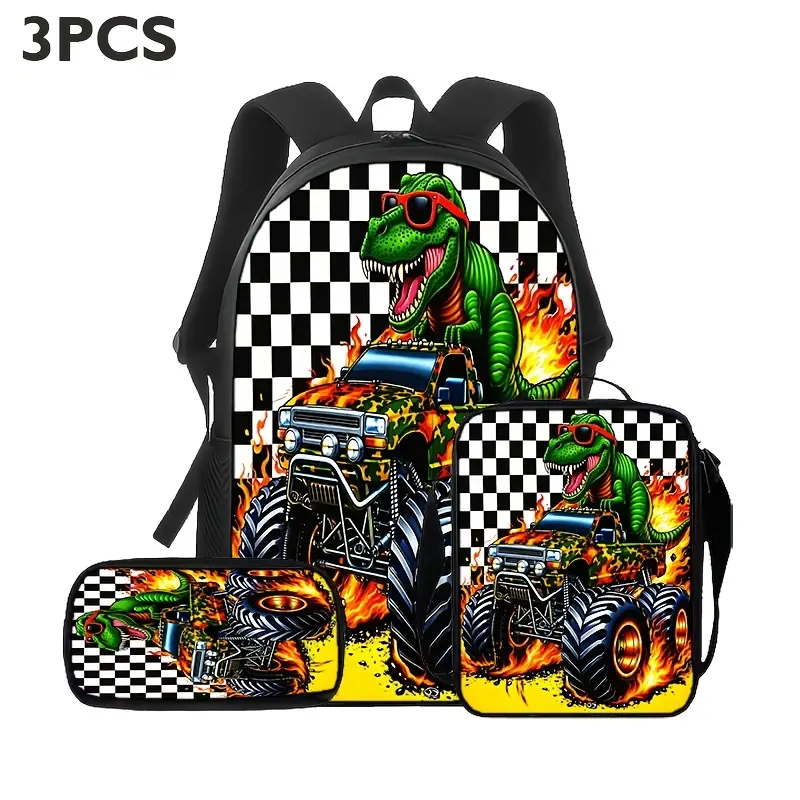 T-Rex Monster Truck 3-Piece Backpack Set, Dinosaur Racing School Bookbag with Matching Lunch Bag and Pencil Case, Flame Truck Backpack for Kids Teens, Dino Gift, School Travel Adventure Daypack Gift