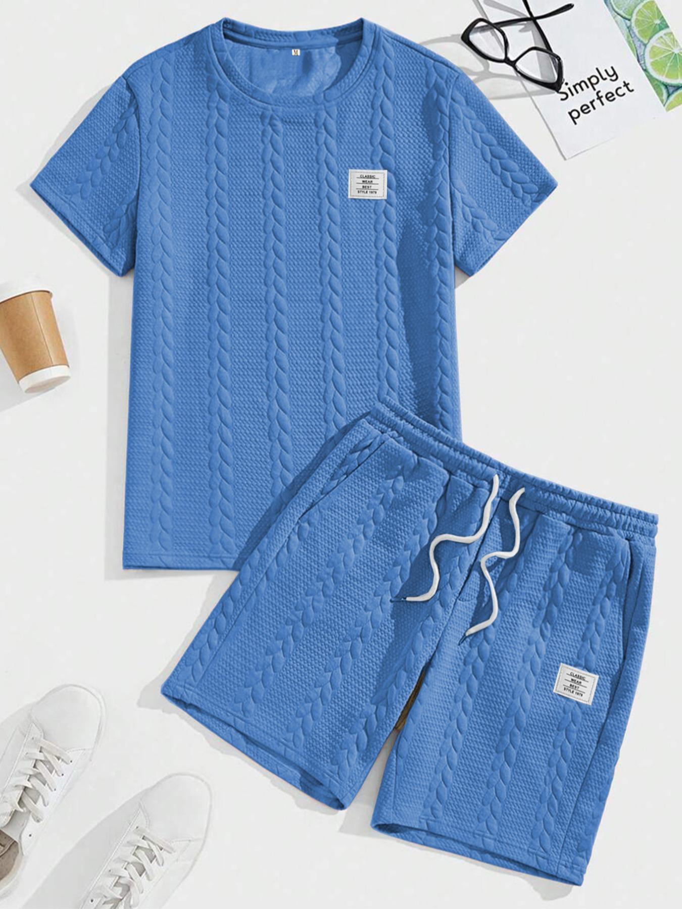 Men's Solid Textured Patched Tee & Drawstring Waist Shorts Set, Regular Fit Round Neck Short Sleeve T-Shirt & Pocket Shorts, Men's Summer Casual Outfit Set