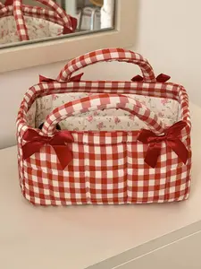 Red White Gingham Quilted Tote Bag with Bow & Ruffle Heart, Large Capacity Casual Cotton Handbag for Picnic, Travel & Daily Use